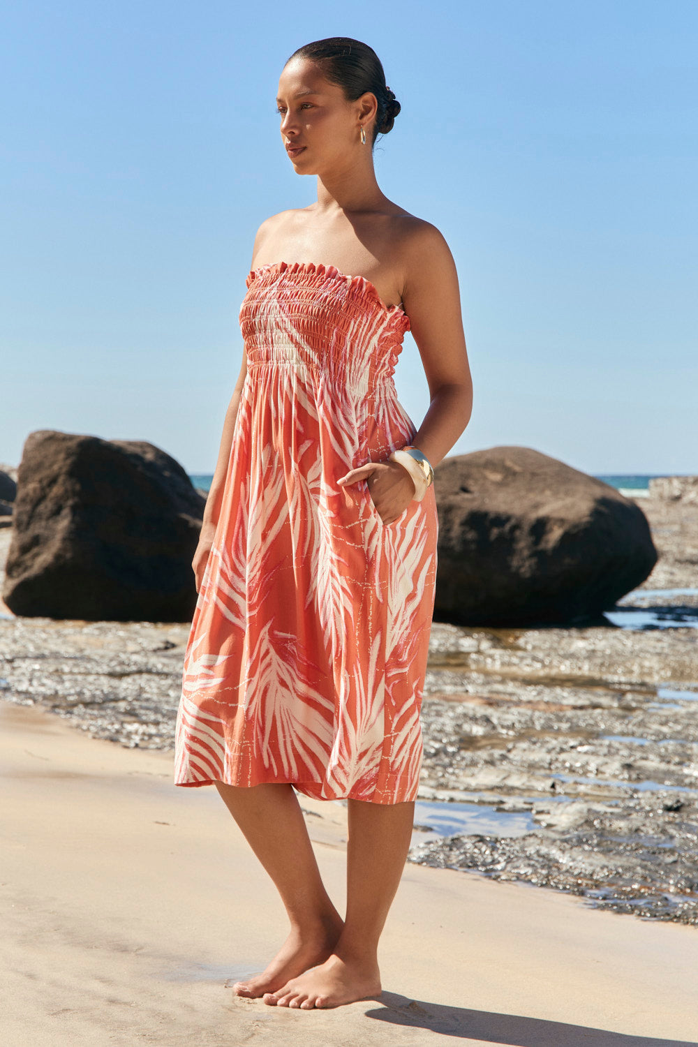 Sherry Resort Shirred Short Dress in Palma Coral