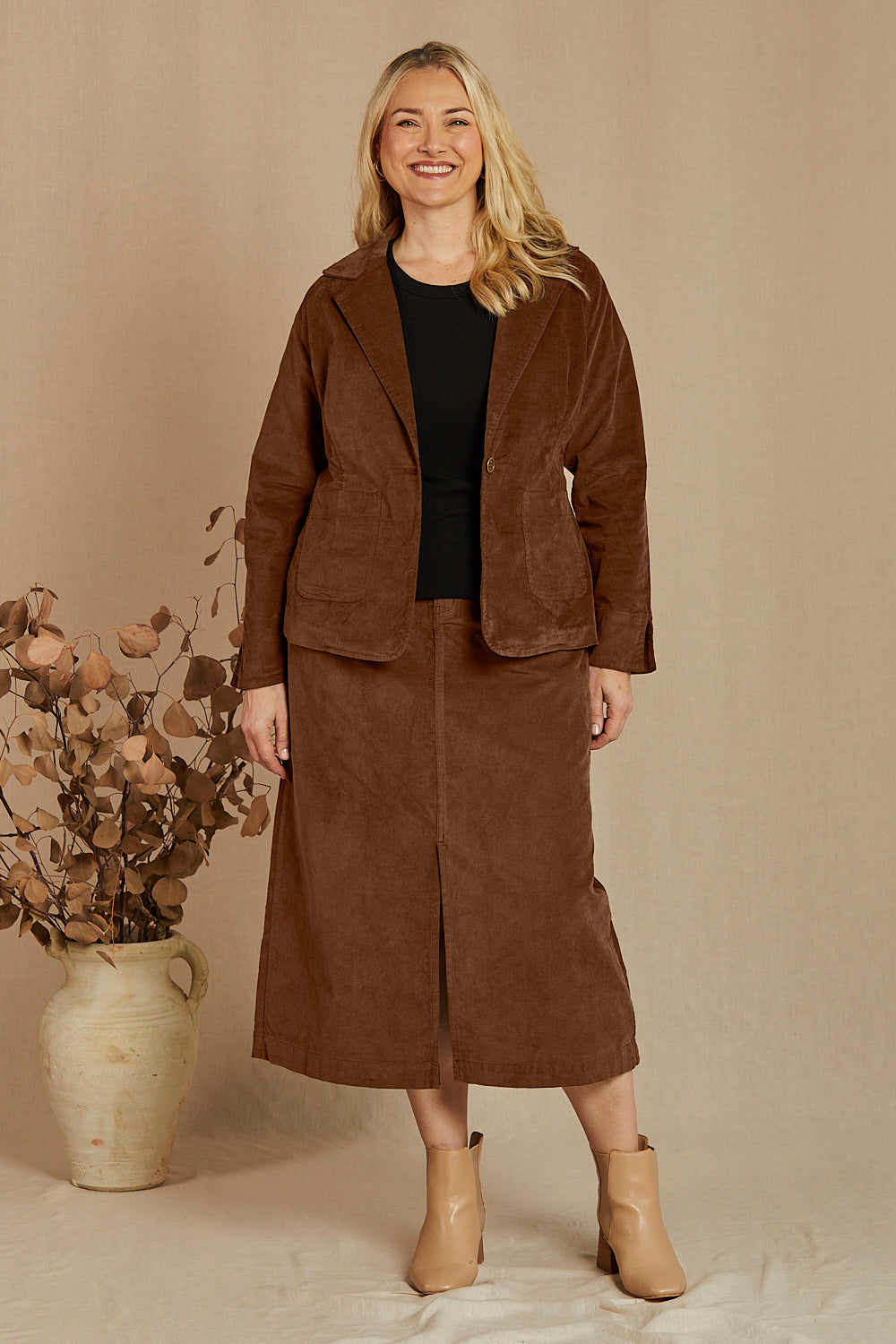 Adrift Split Brushed Cotton Skirt in Chocolate, Midi Skirt - Adrift Clothing