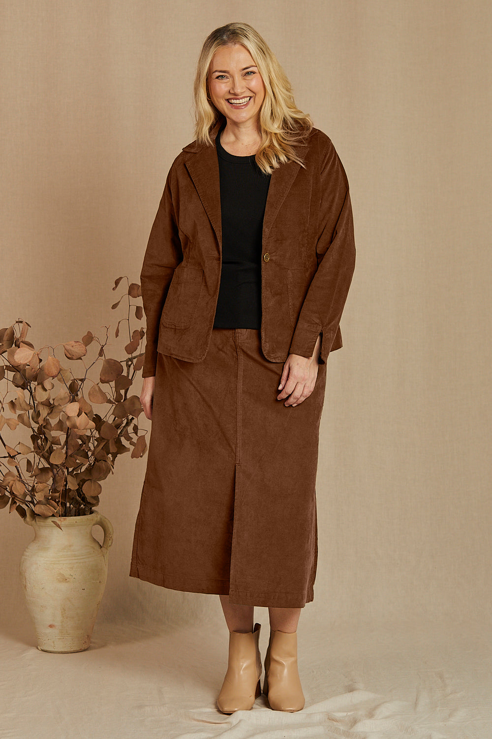 Adrift Split Brushed Cotton Skirt in Chocolate, Midi Skirt - Adrift Clothing