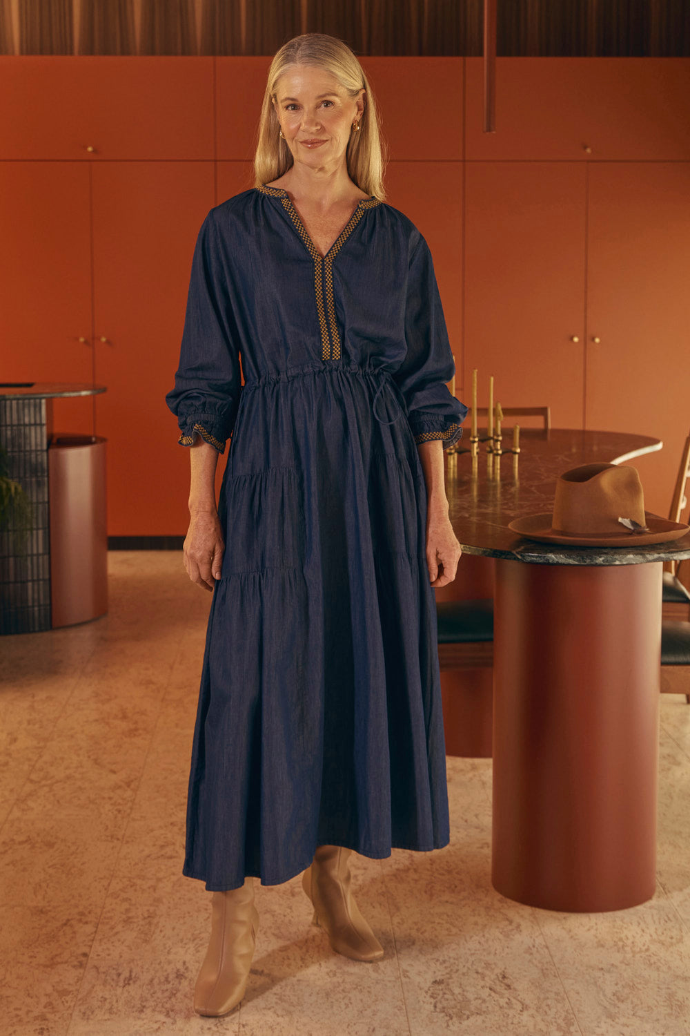 Tallulah Chambray Drawstring Dress in Dark Wash, Midi Dress - Adrift Clothing