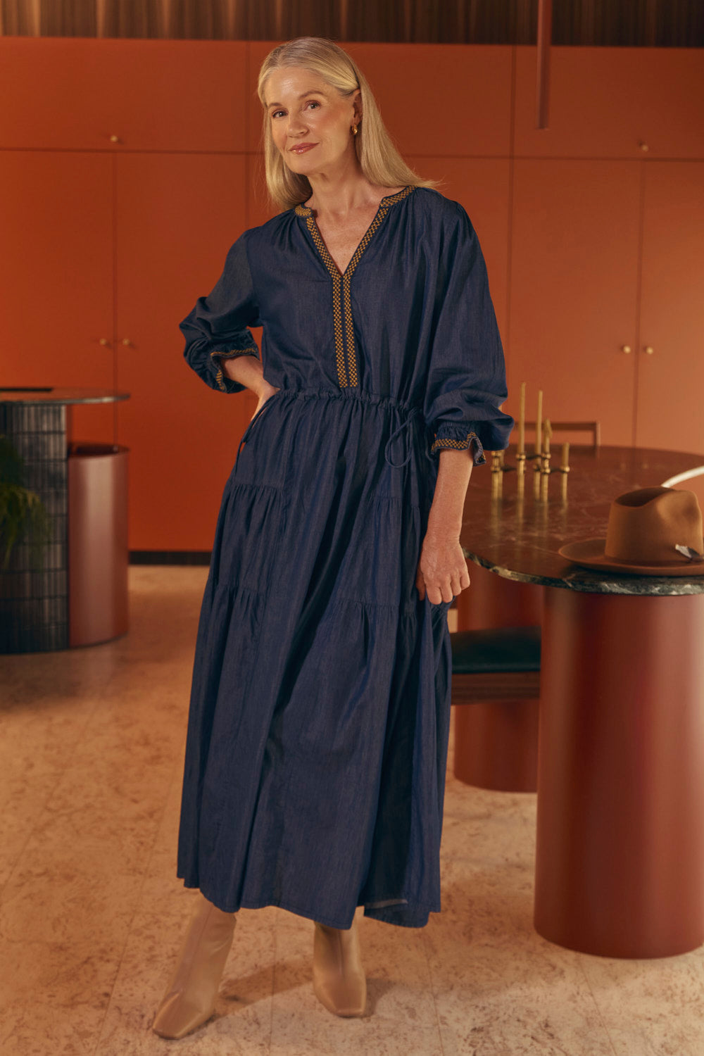 Tallulah Chambray Drawstring Dress in Dark Wash, Midi Dress - Adrift Clothing