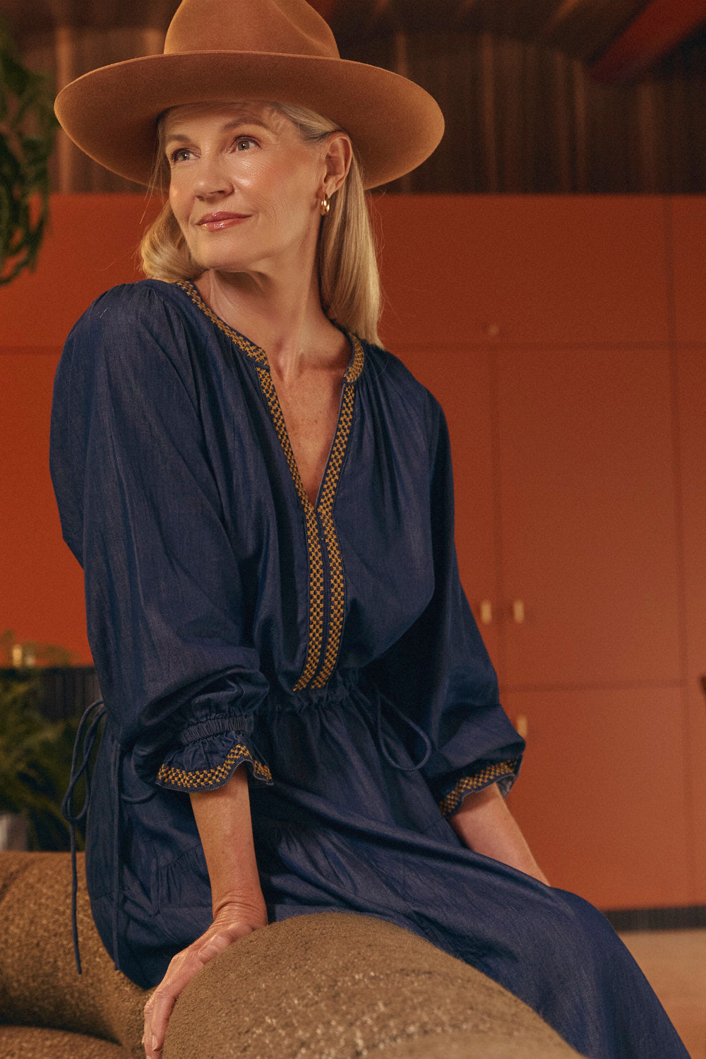 Tallulah Chambray Drawstring Dress in Dark Wash, Midi Dress - Adrift Clothing