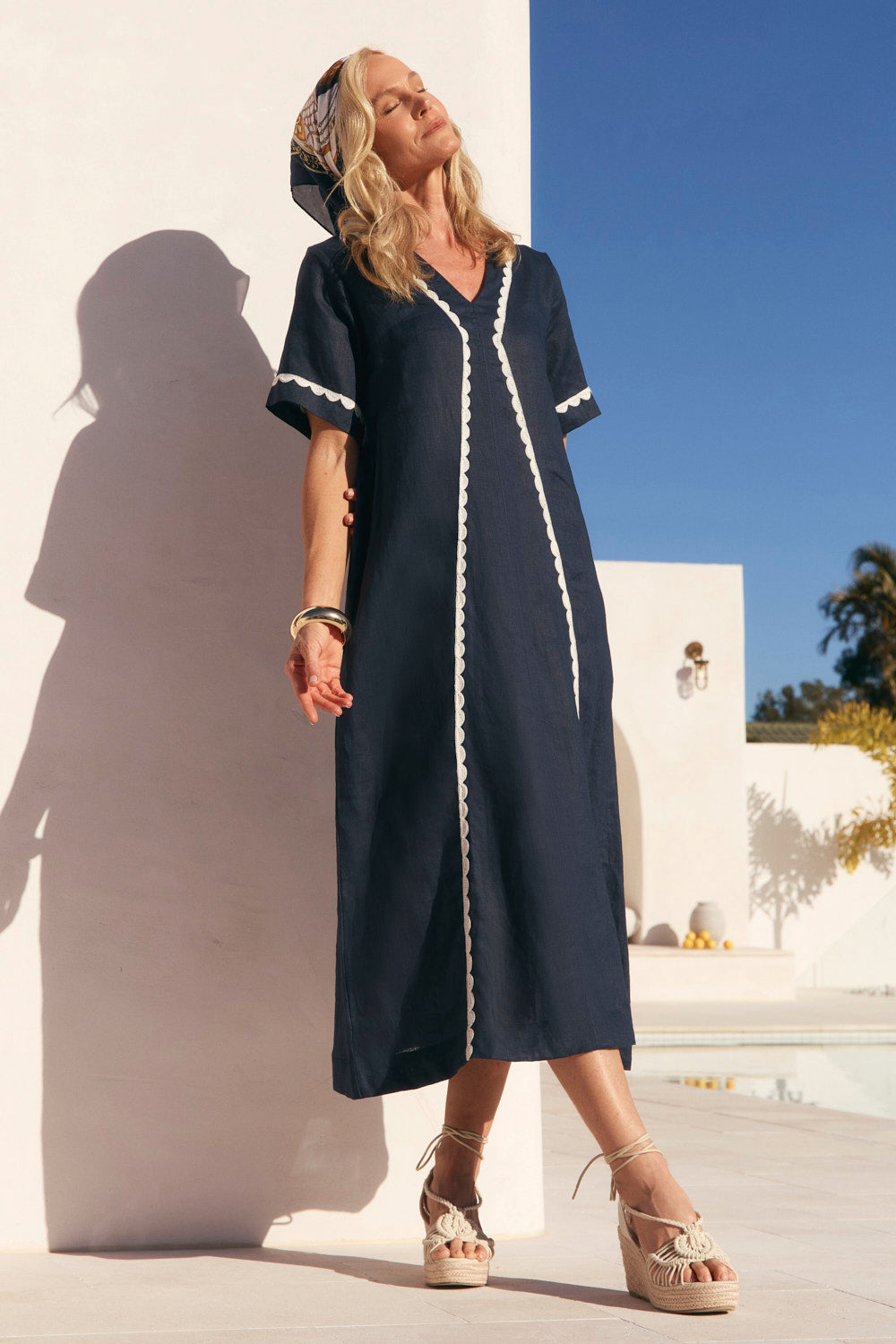 Tamara Linen V-Neck Dress in Beachside
