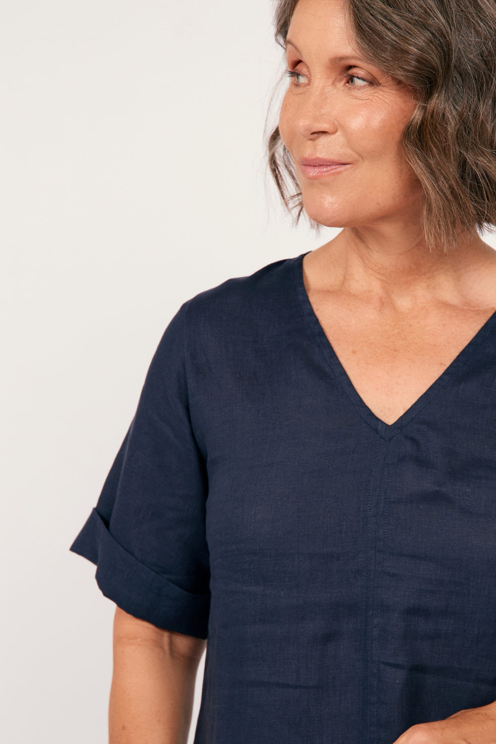 Tamara Linen V-Neck Dress in Navy, Midi Dress - Adrift Clothing
