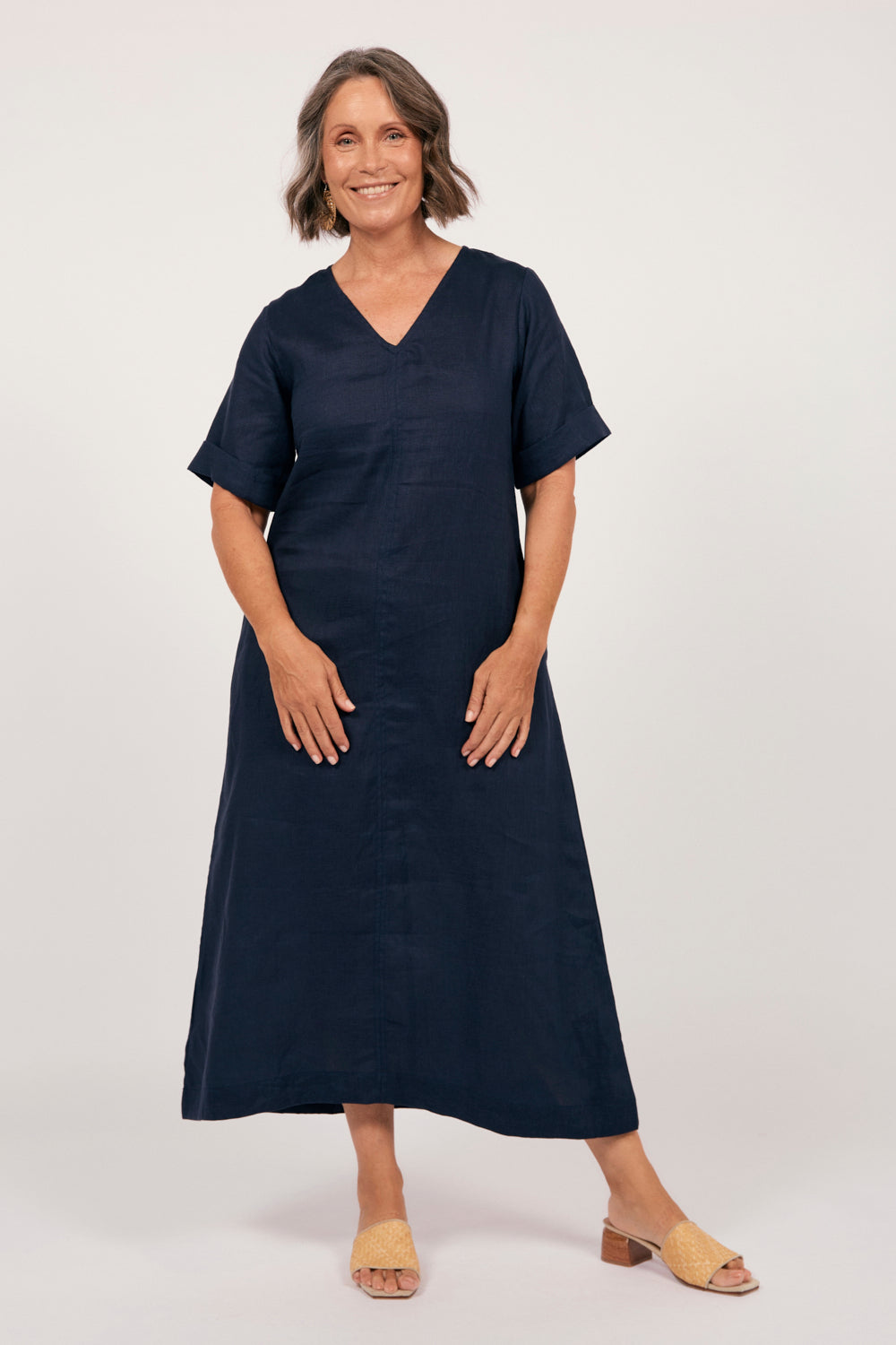Tamara Linen V-Neck Dress in Navy, Midi Dress - Adrift Clothing