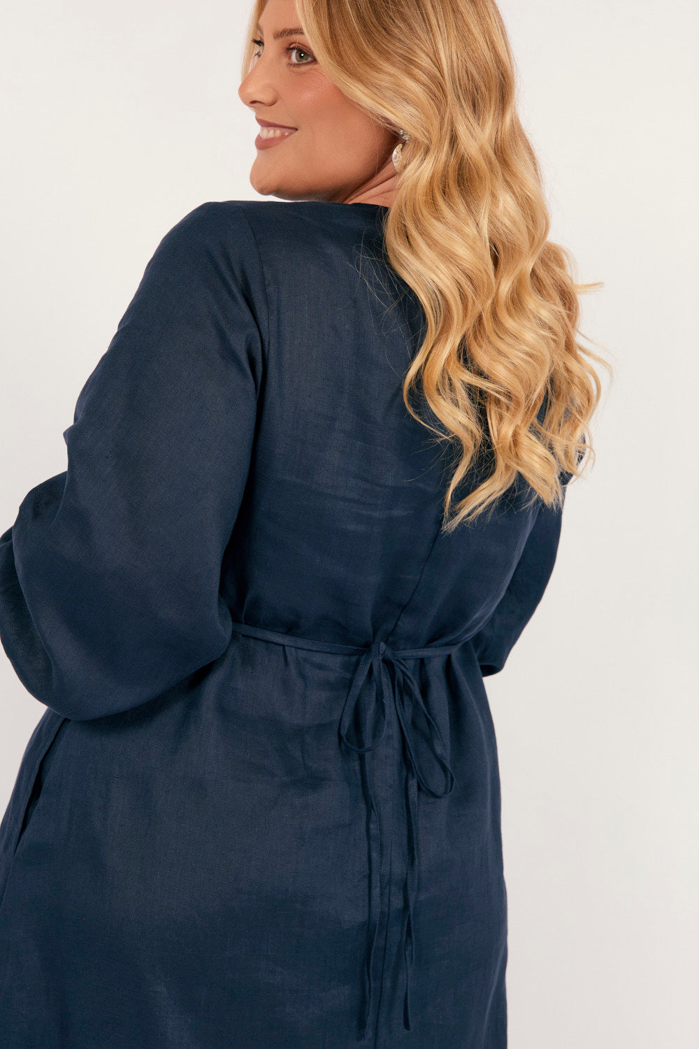 Tamara Long Sleeve Linen Dress in Navy