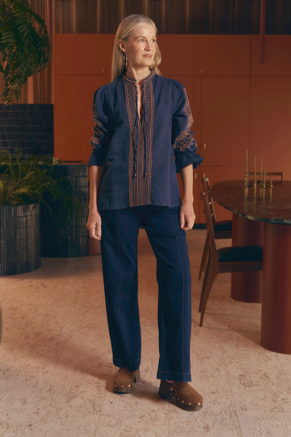 Tanya Embroidered Blouse in Navy, Blouse - Adrift Clothing