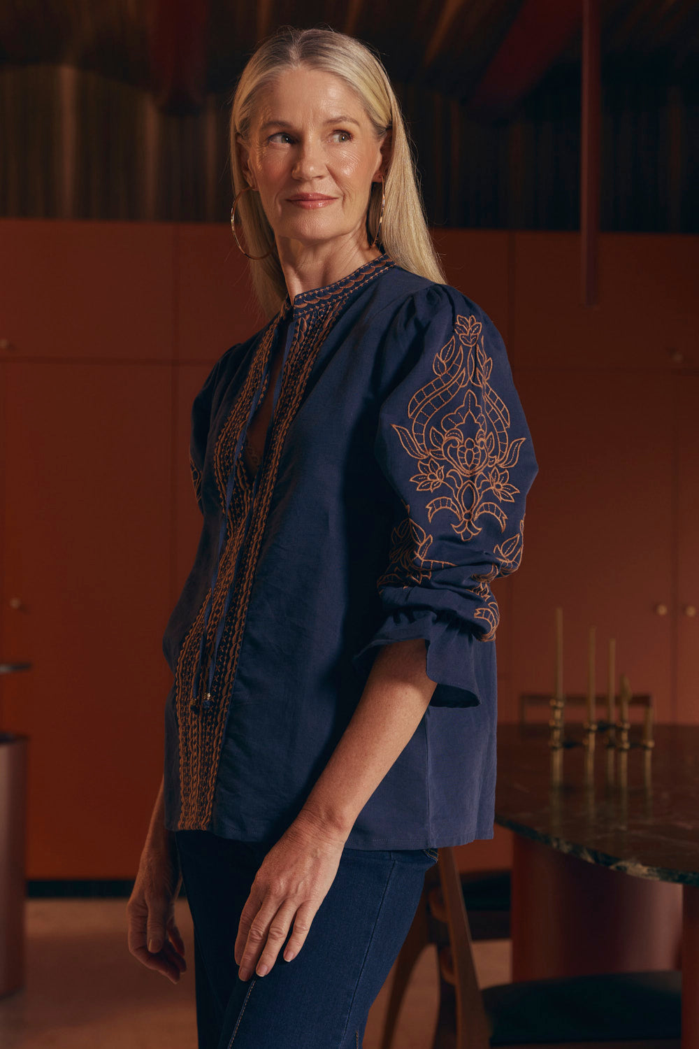 Tanya Embroidered Blouse in Navy