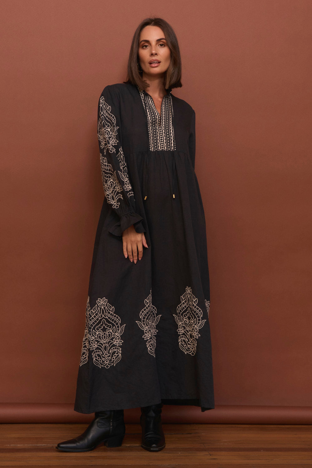Tanya Embroidered Dress in Midnight