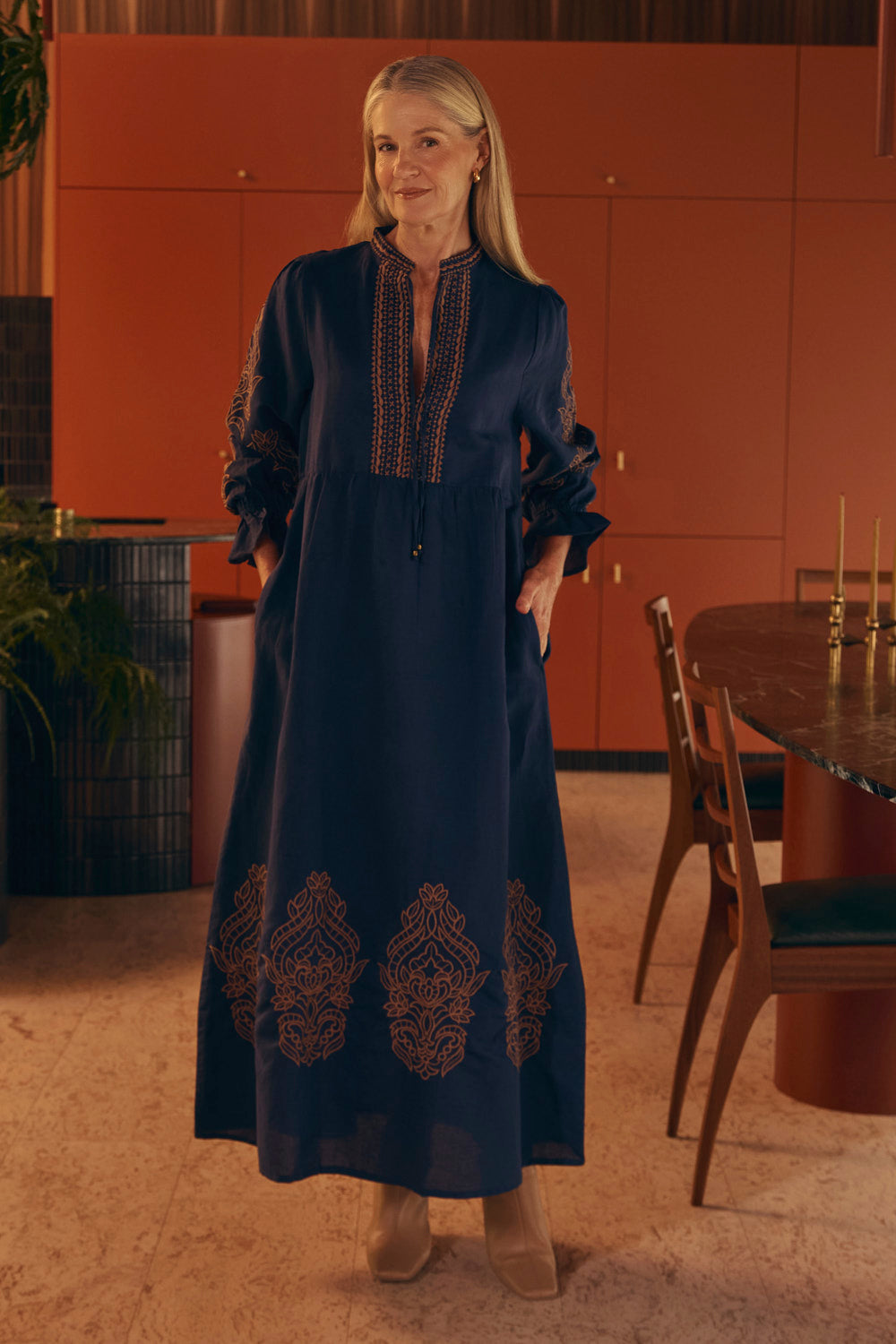 Tanya Embroidered Dress in Navy