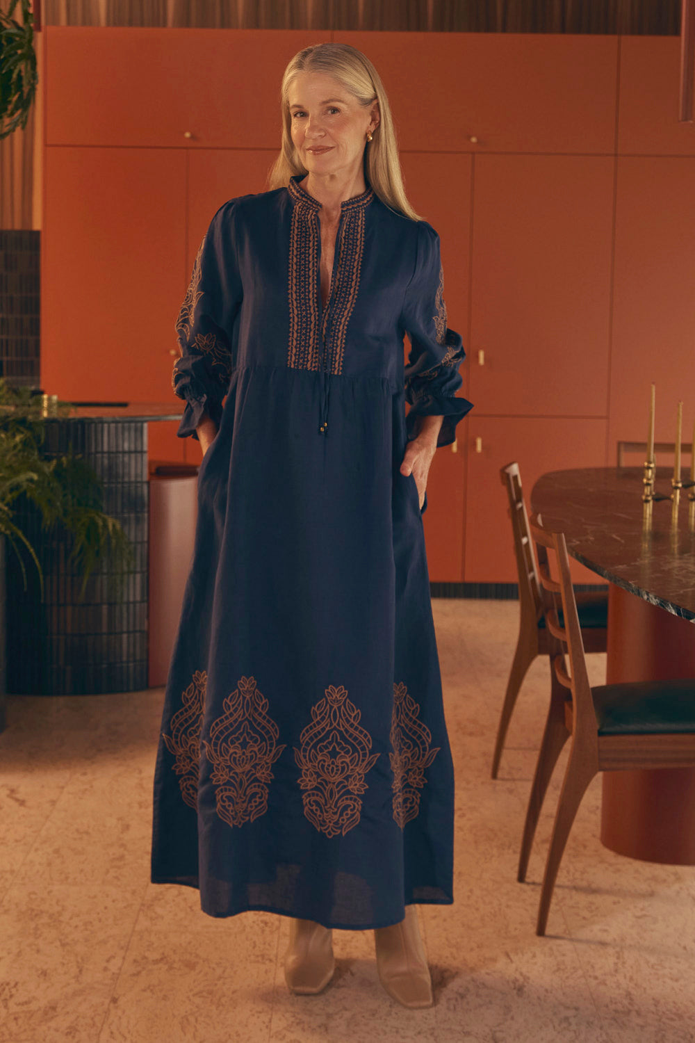 Tanya Embroidered Dress in Navy, Maxi Dress - Adrift Clothing