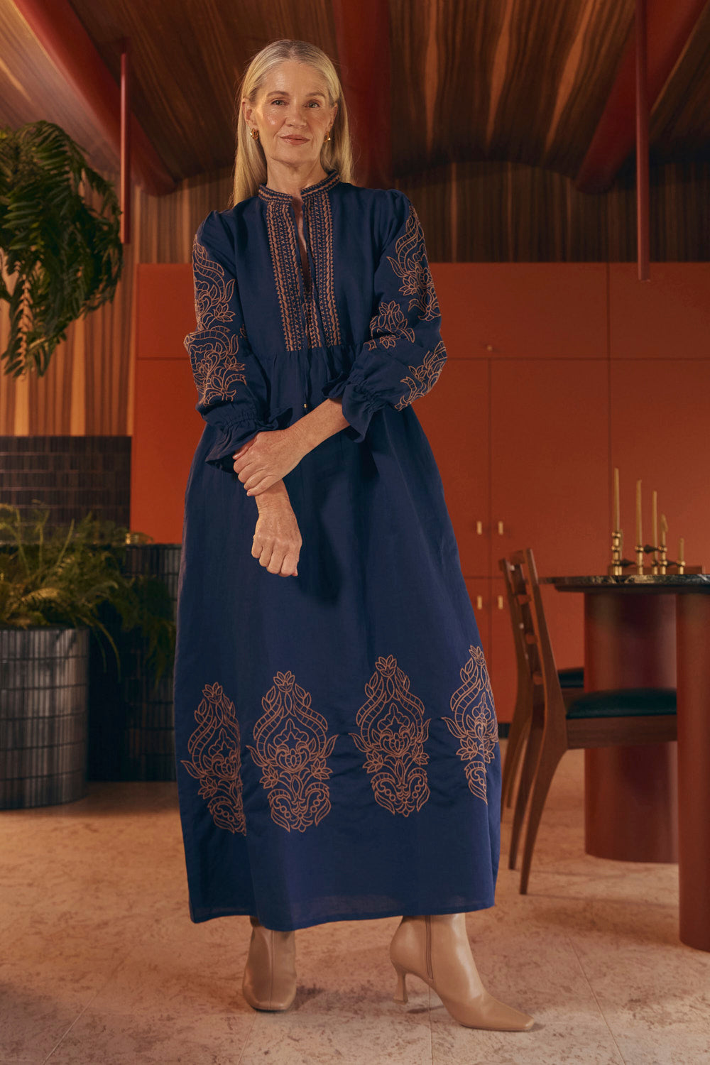 Tanya Embroidered Dress in Navy