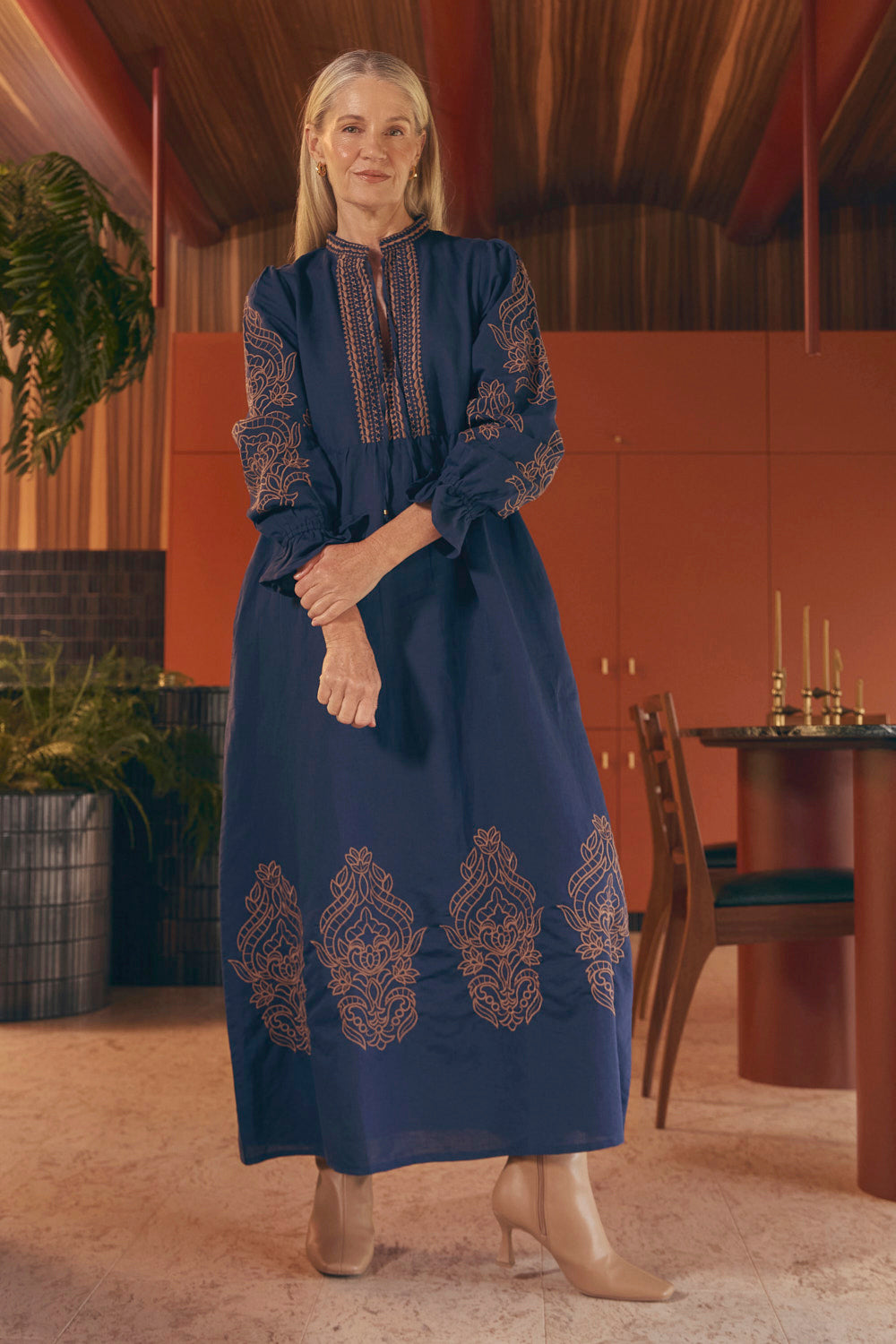 Tanya Embroidered Dress in Navy, Maxi Dress - Adrift Clothing