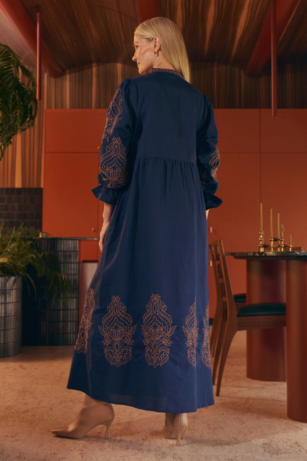 Tanya Embroidered Dress in Navy