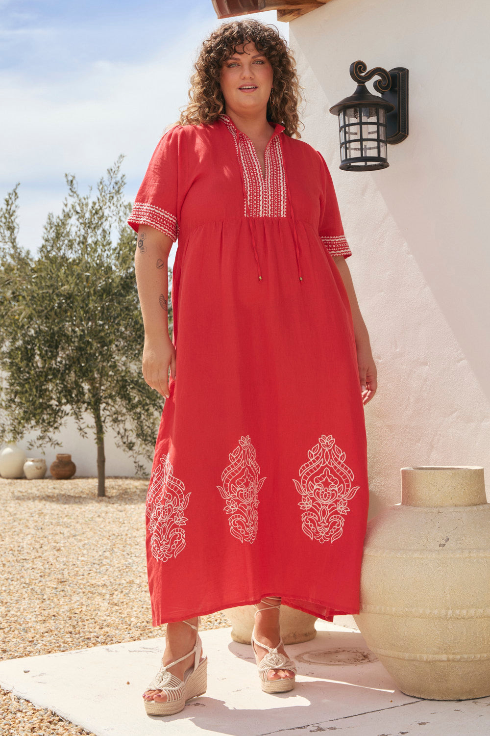 Tanya Embroidered Dress in Red