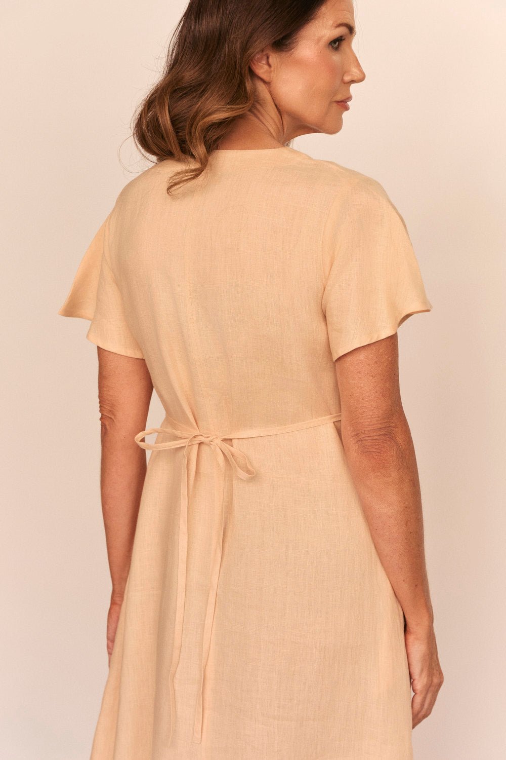 Tatum Linen Flutter Sleeve Dress in Sand
