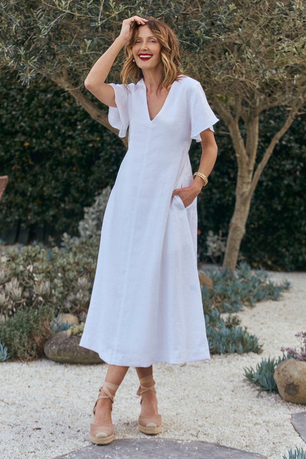 Tatum Linen Flutter Sleeve Dress in White