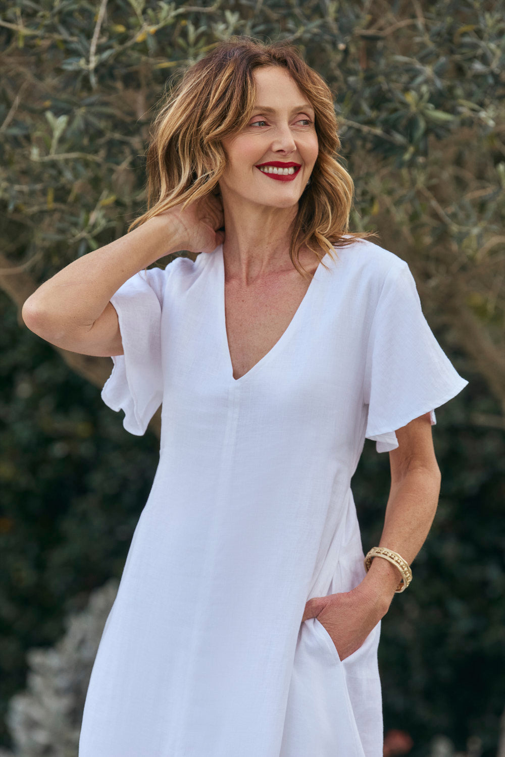 Tatum Linen Flutter Sleeve Dress in White, Maxi Dress - Adrift Clothing