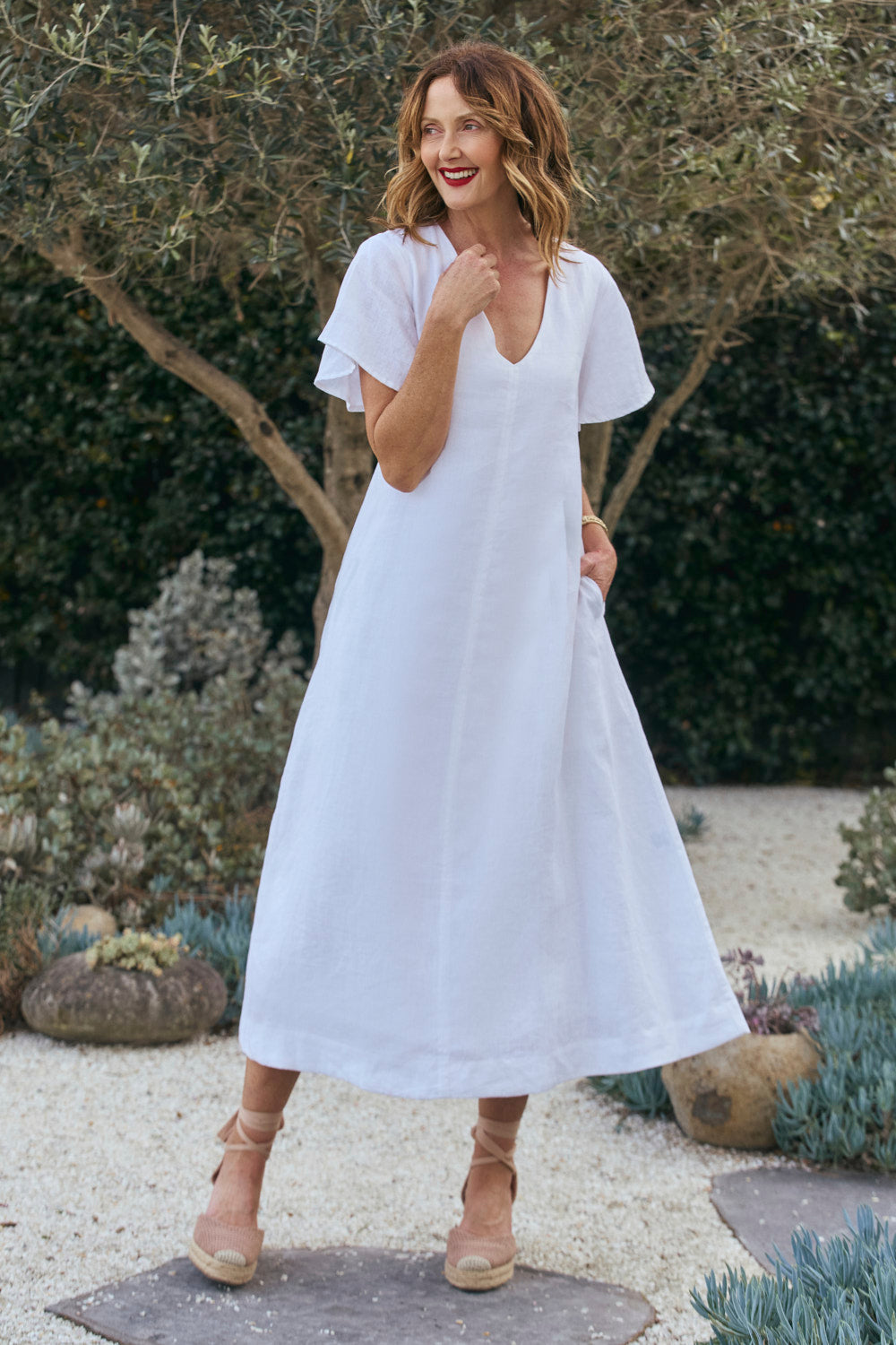 Tatum Linen Flutter Sleeve Dress in White, Maxi Dress - Adrift Clothing
