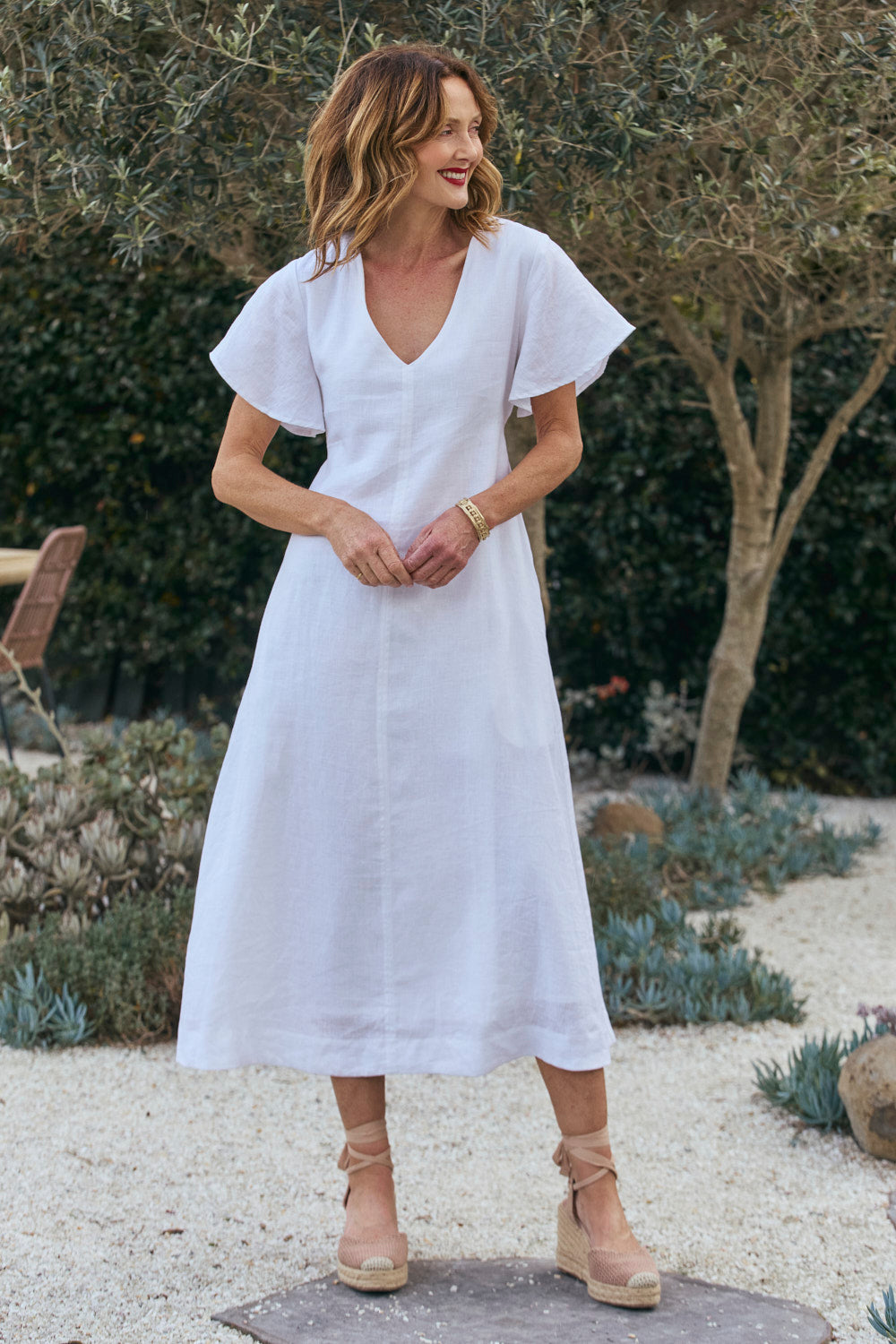 Tatum Linen Flutter Sleeve Dress in White, Maxi Dress - Adrift Clothing