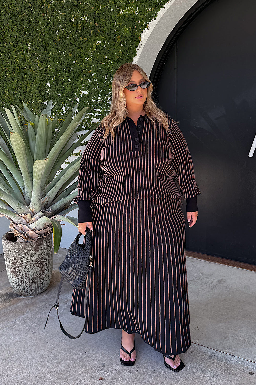 Knitted A-Line Skirt in Black, Midi Skirt - Adrift Clothing