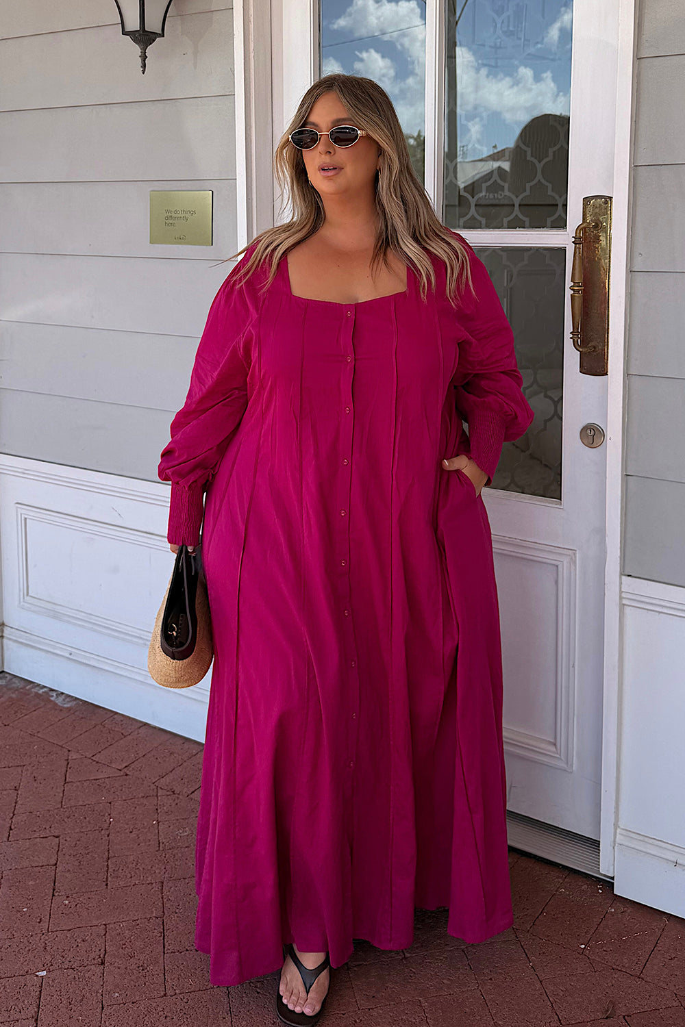 Ophelia Button Through Dress in Magenta, Maxi Dress - Adrift Clothing