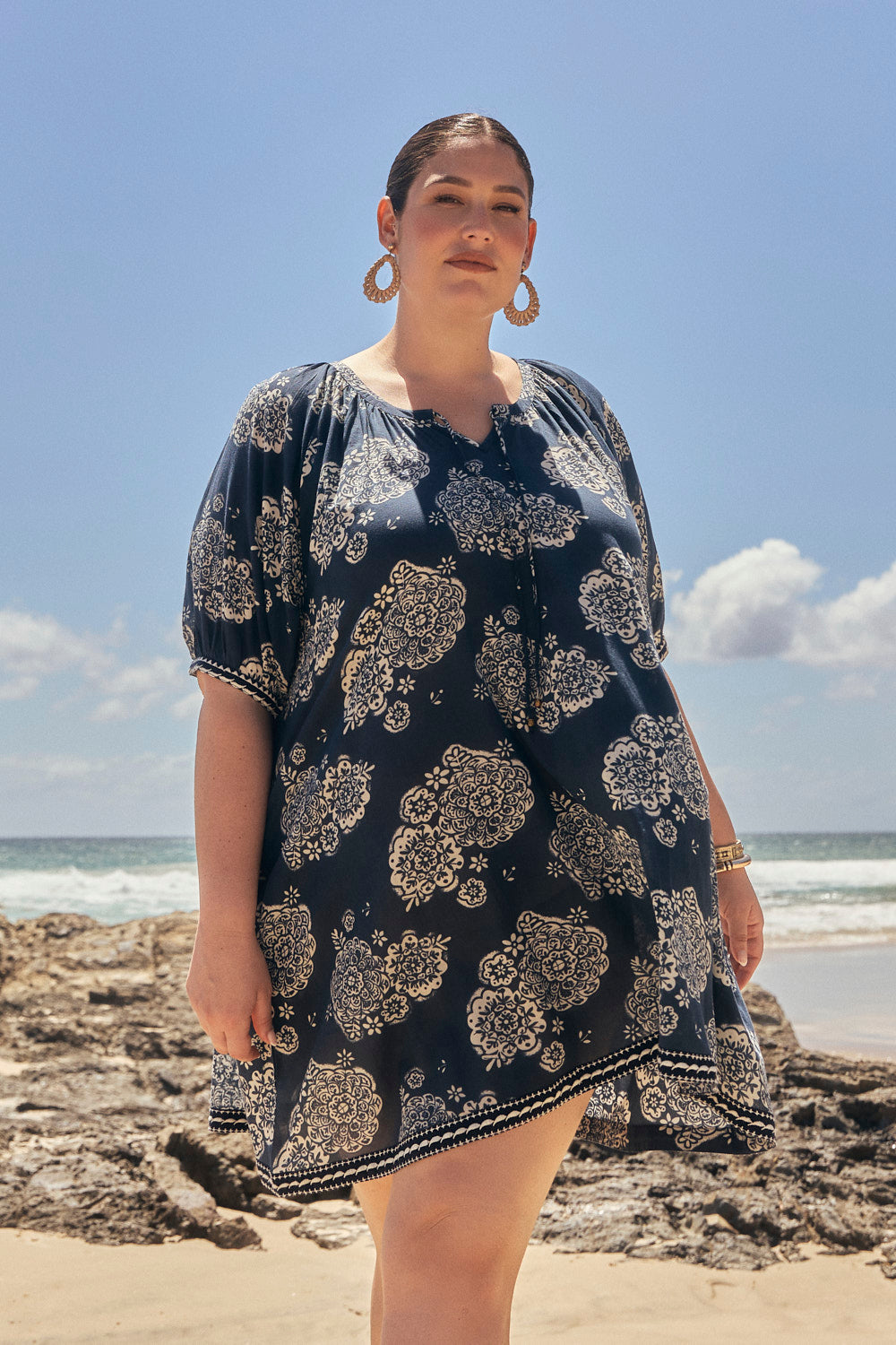Via Short Billow Dress in Moroccan Belle Navy, Short Dress - Adrift Clothing