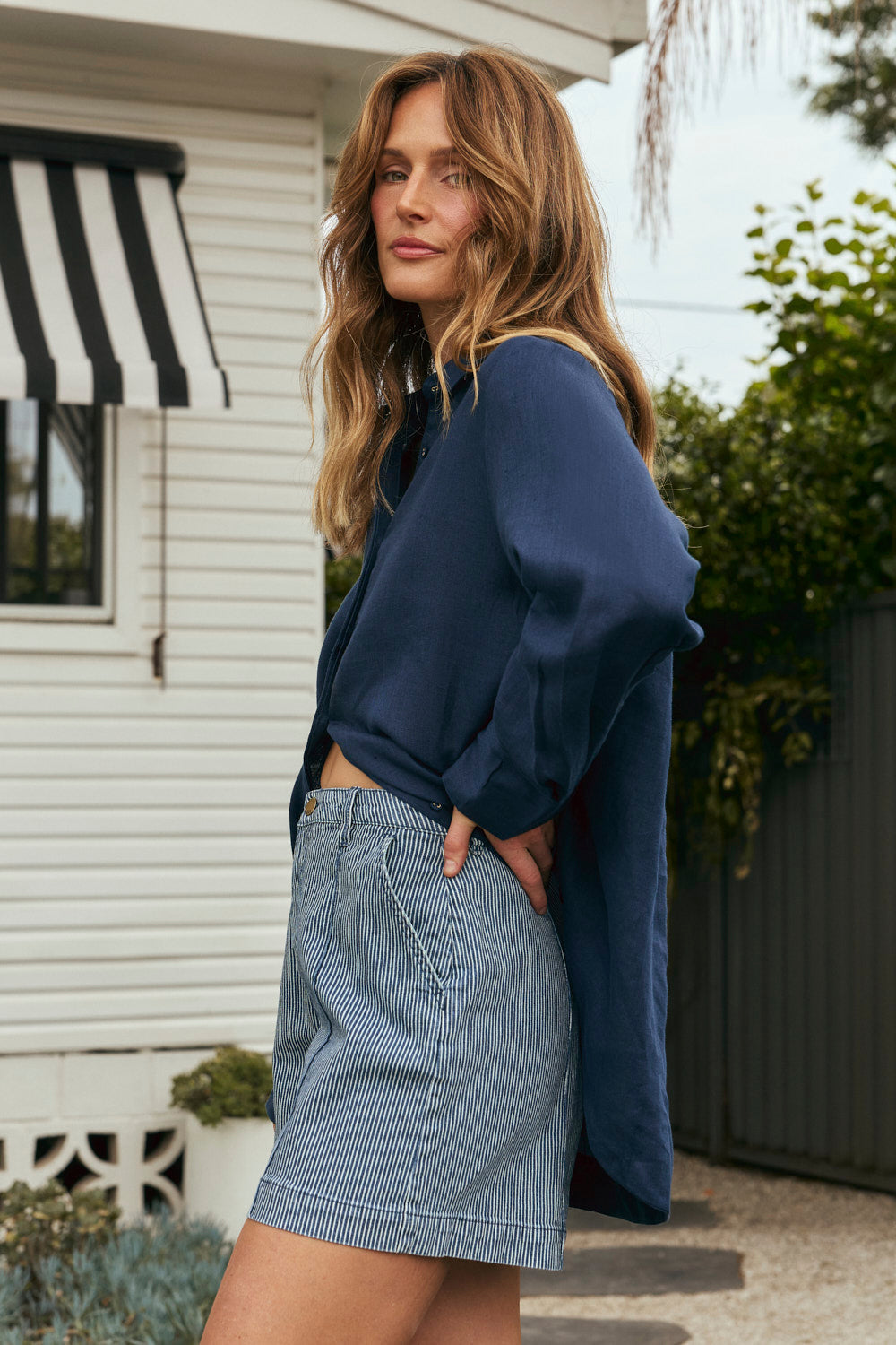 Lainey Denim A-Line Shorts in Stripe