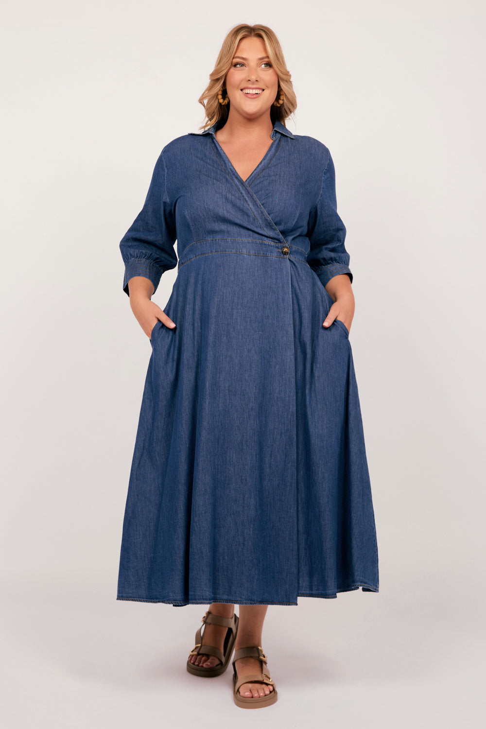 Wendy Chambray Short Sleeve Wrap Dress in Mid Wash, Midi Dress - Adrift Clothing
