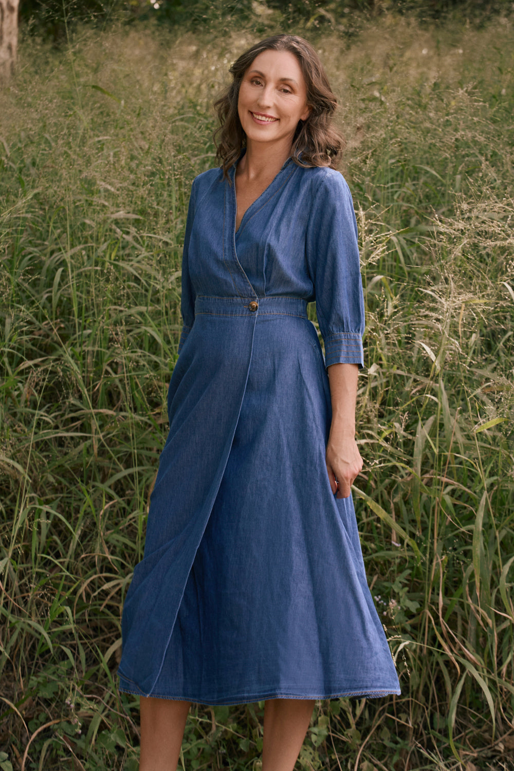 Wendy Chambray Short Sleeve Wrap Dress in Mid Wash, Midi Dress - Adrift Clothing
