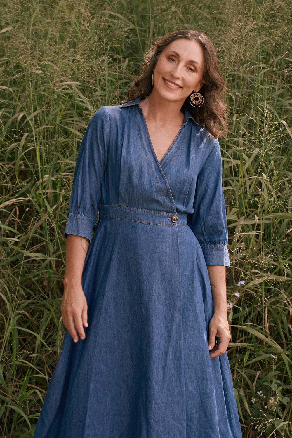 Wendy Chambray Short Sleeve Wrap Dress in Mid Wash, Midi Dress - Adrift Clothing