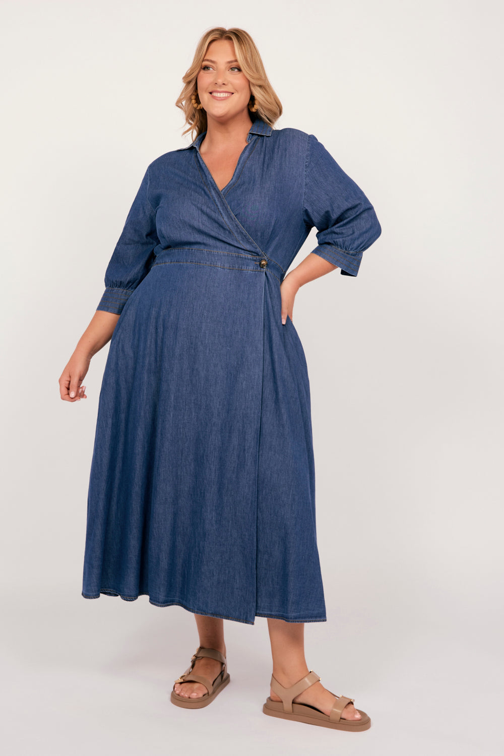 Wendy Chambray Short Sleeve Wrap Dress in Mid Wash, Midi Dress - Adrift Clothing