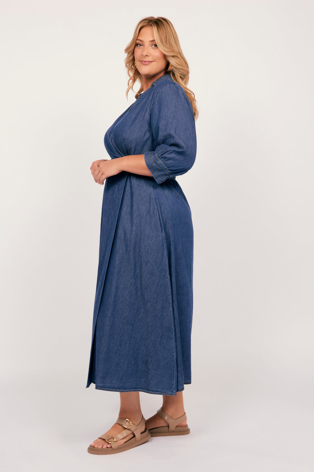 Wendy Chambray Short Sleeve Wrap Dress in Mid Wash, Midi Dress - Adrift Clothing