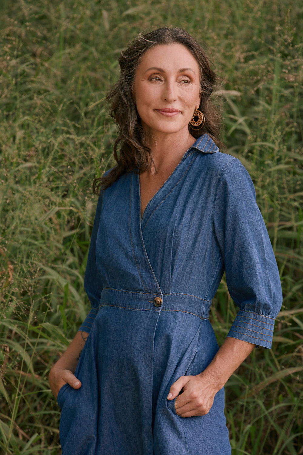 Wendy Chambray Short Sleeve Wrap Dress in Mid Wash, Midi Dress - Adrift Clothing