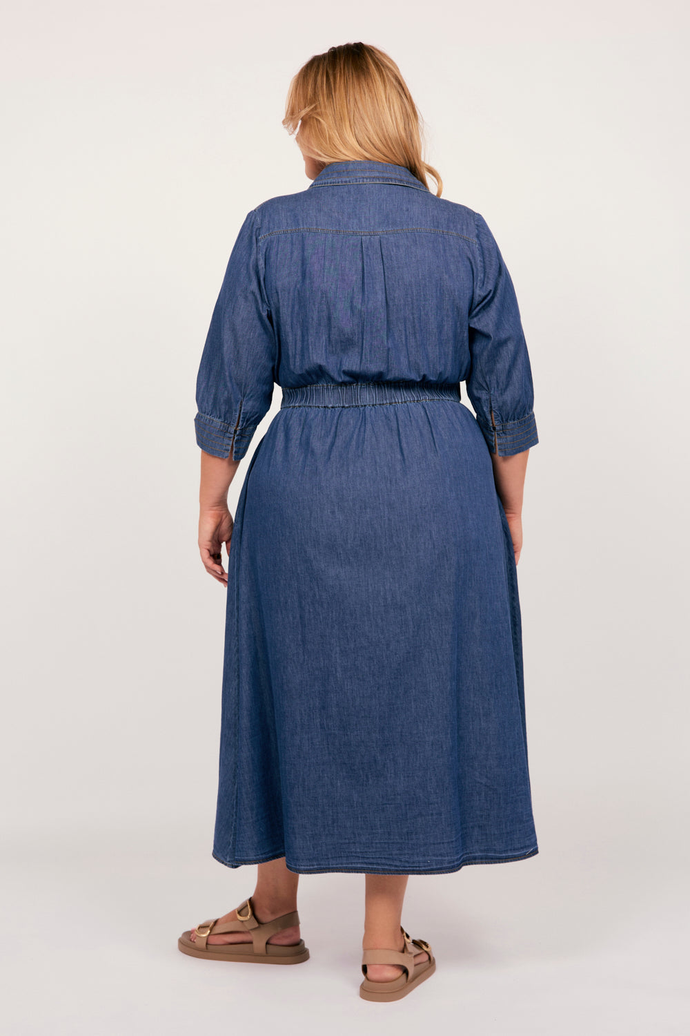 Wendy Chambray Short Sleeve Wrap Dress in Mid Wash, Midi Dress - Adrift Clothing