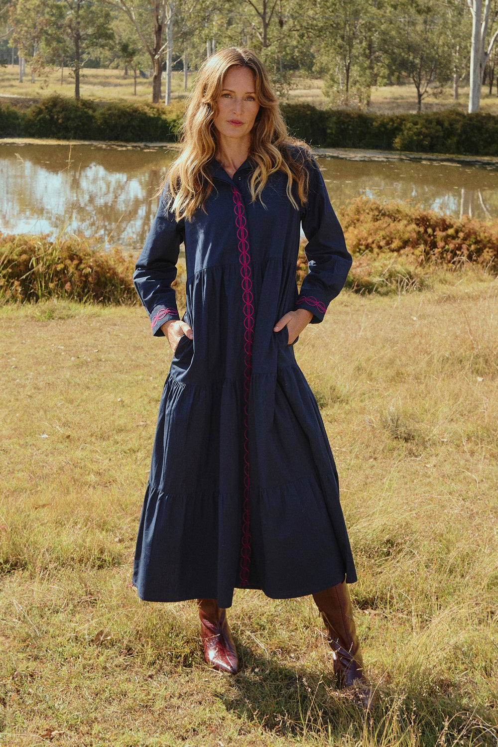 Model wearing the Winslow Button Through Dress in Ocean Berry with classic shirt collar, Adrift Clothing