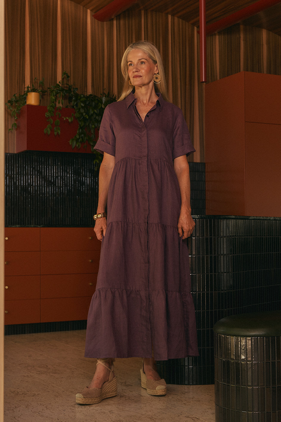 Winslow Linen Button Through Dress in Merlot