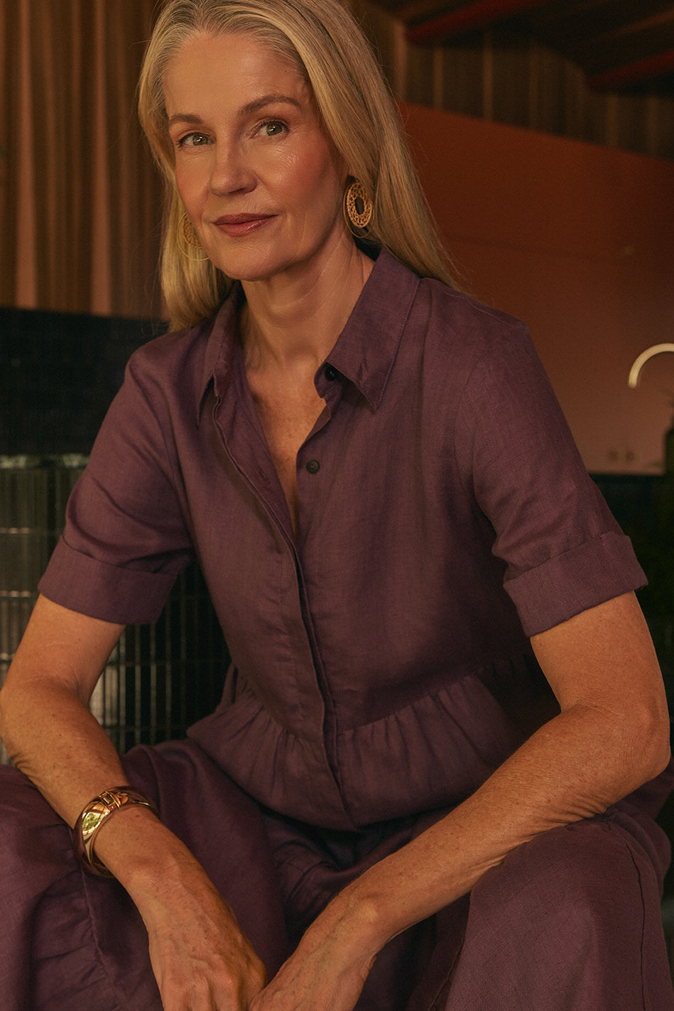 Winslow Linen Button Through Dress in Merlot