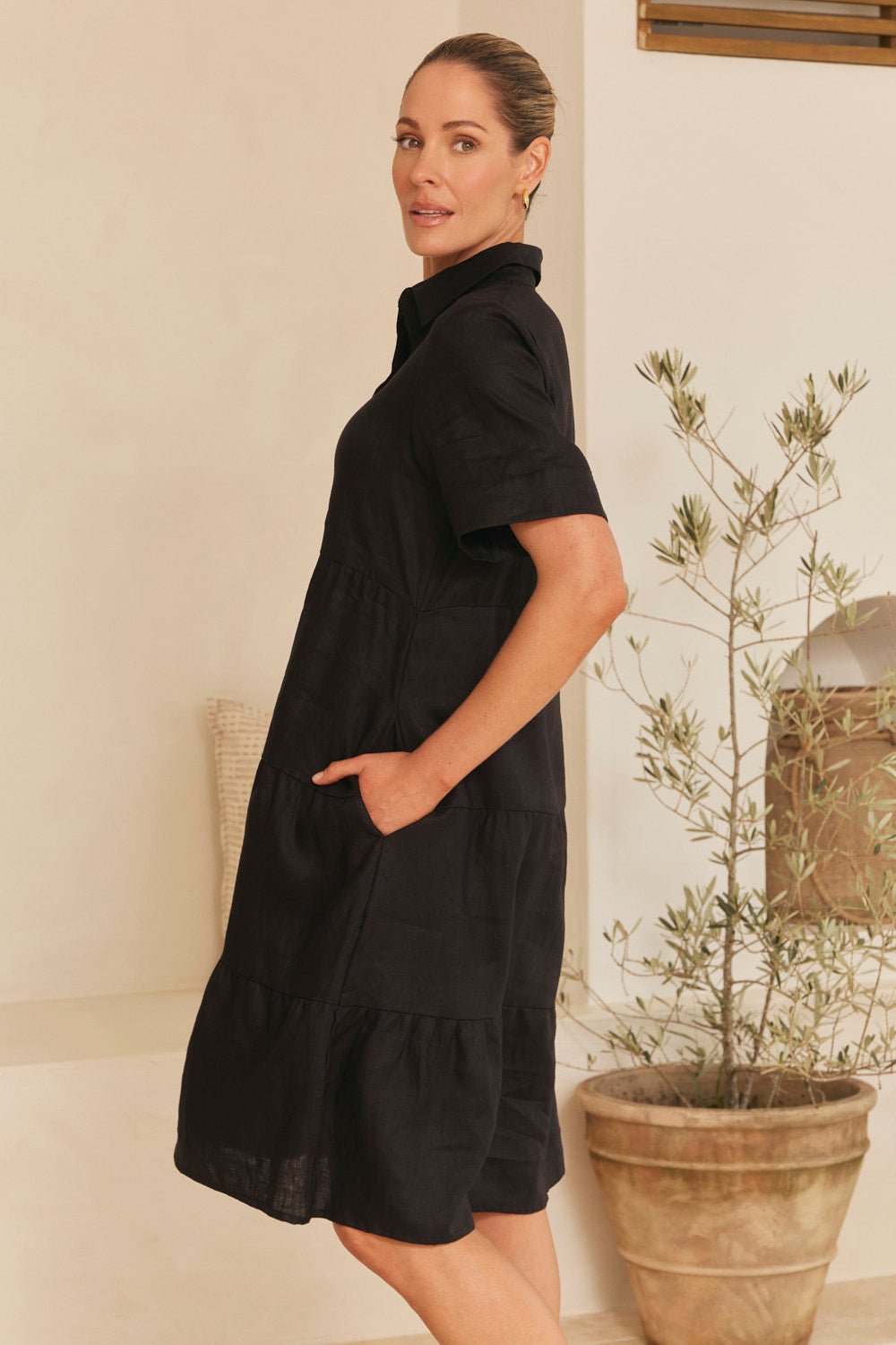 Winslow Linen Knee-Length Dress in Black with shirt-collar finish, Adrift