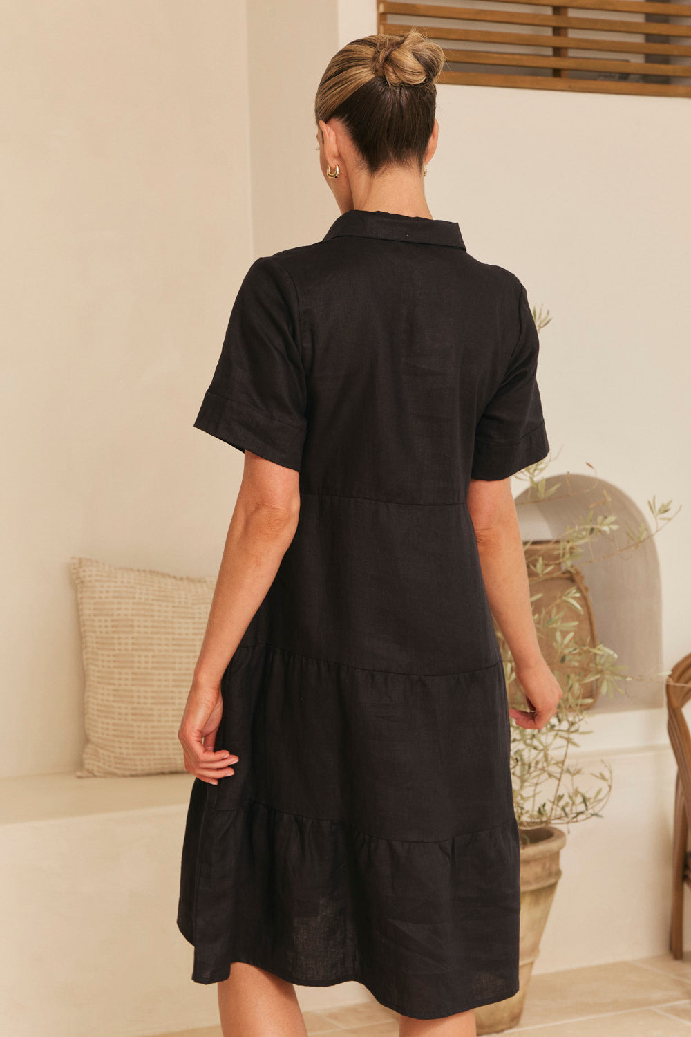 Winslow Linen Knee-Length Dress in Black in breathable 100% linen, designed in Brisbane Australia