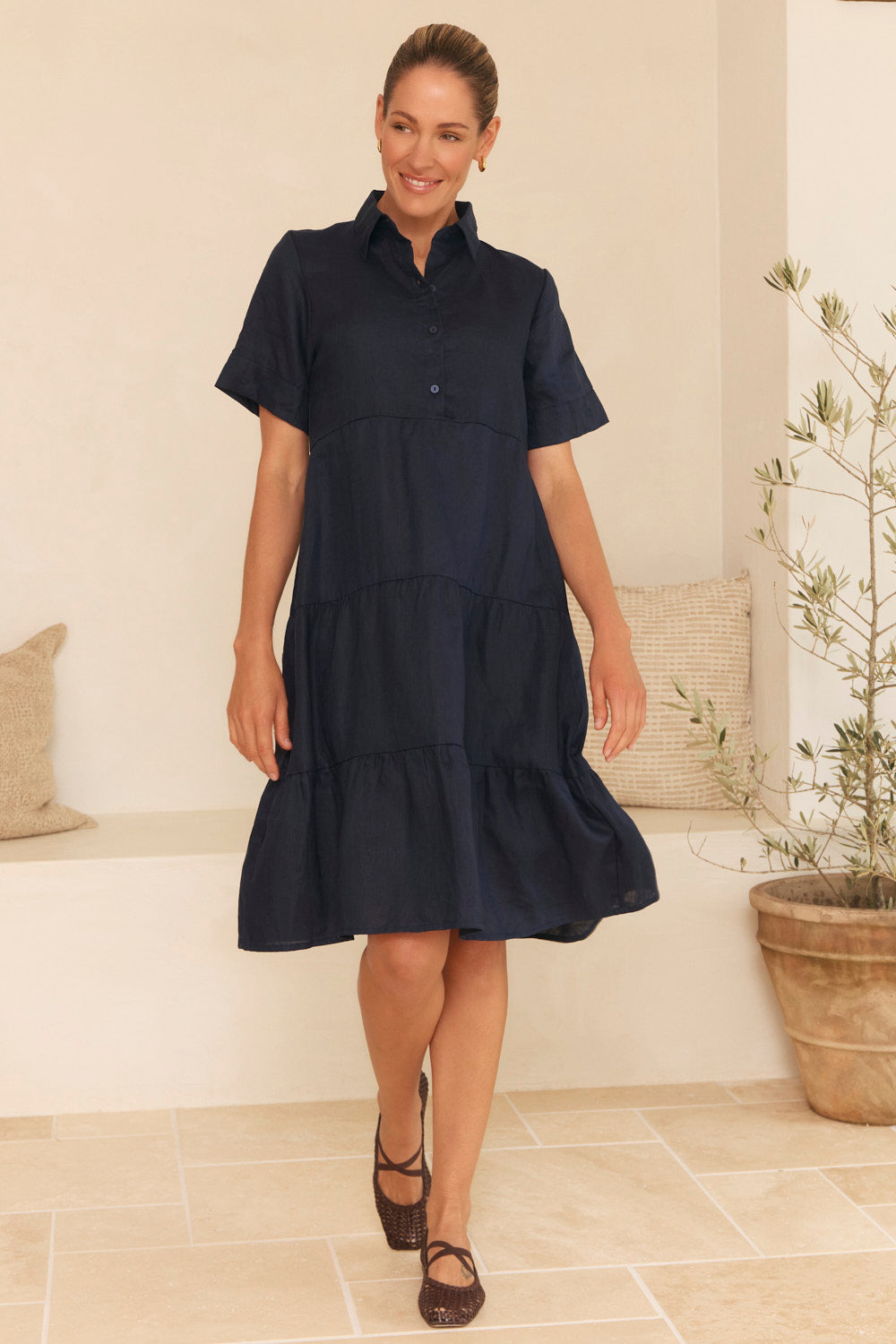 knee length tiered dress Winslow Linen Knee-Length in Navy fitted corset formal gown Size:9 Months Long Sleeve From Ignite Evenings Evening Dress Black Satin