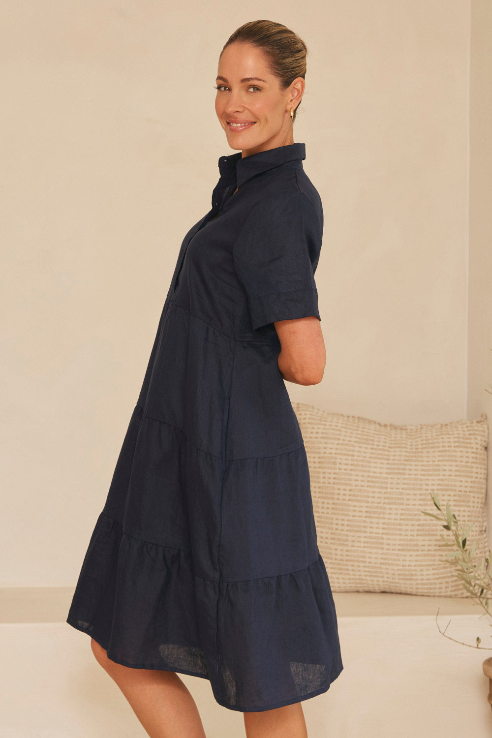 Winslow Linen Knee-Length Dress in Navy featuring relaxed tiers and pockets, Australian womenswear by Adrift