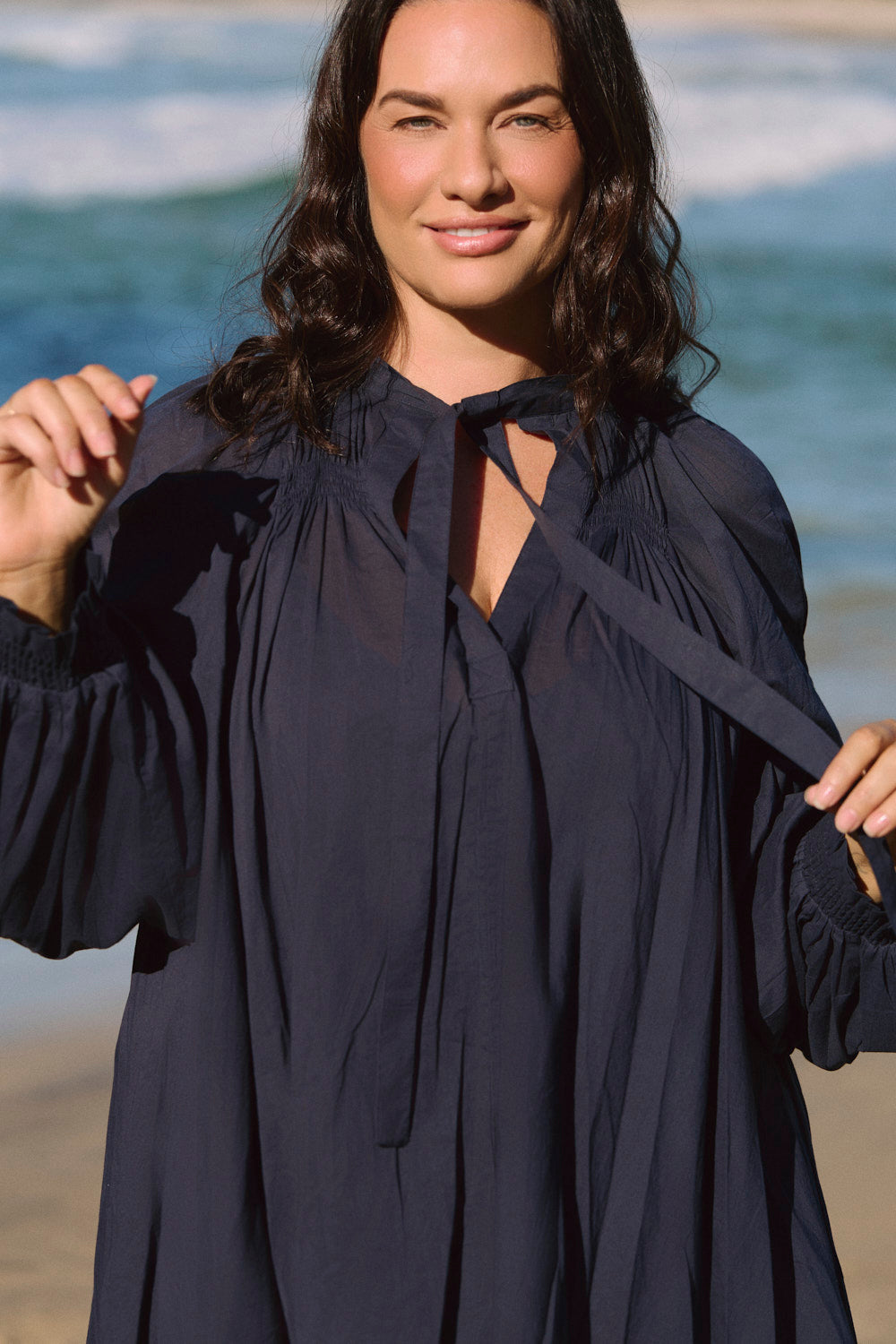 Wren Billow Sleeve Blouse in Navy