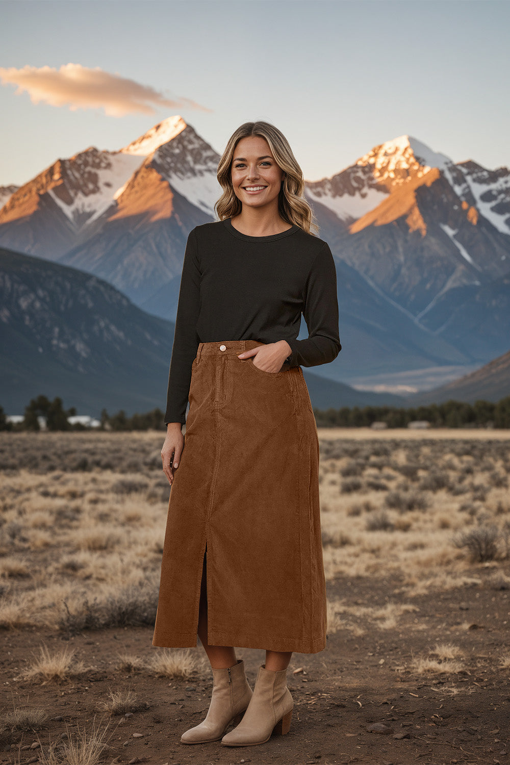 Adrift Split Brushed Cotton Skirt in Chocolate