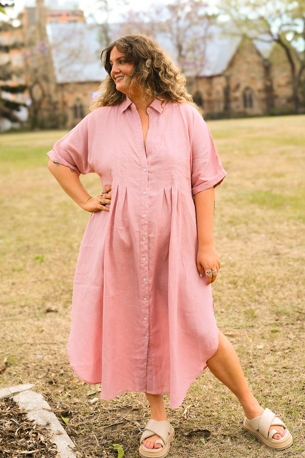 Bridget Linen Pleated Dress in Blush