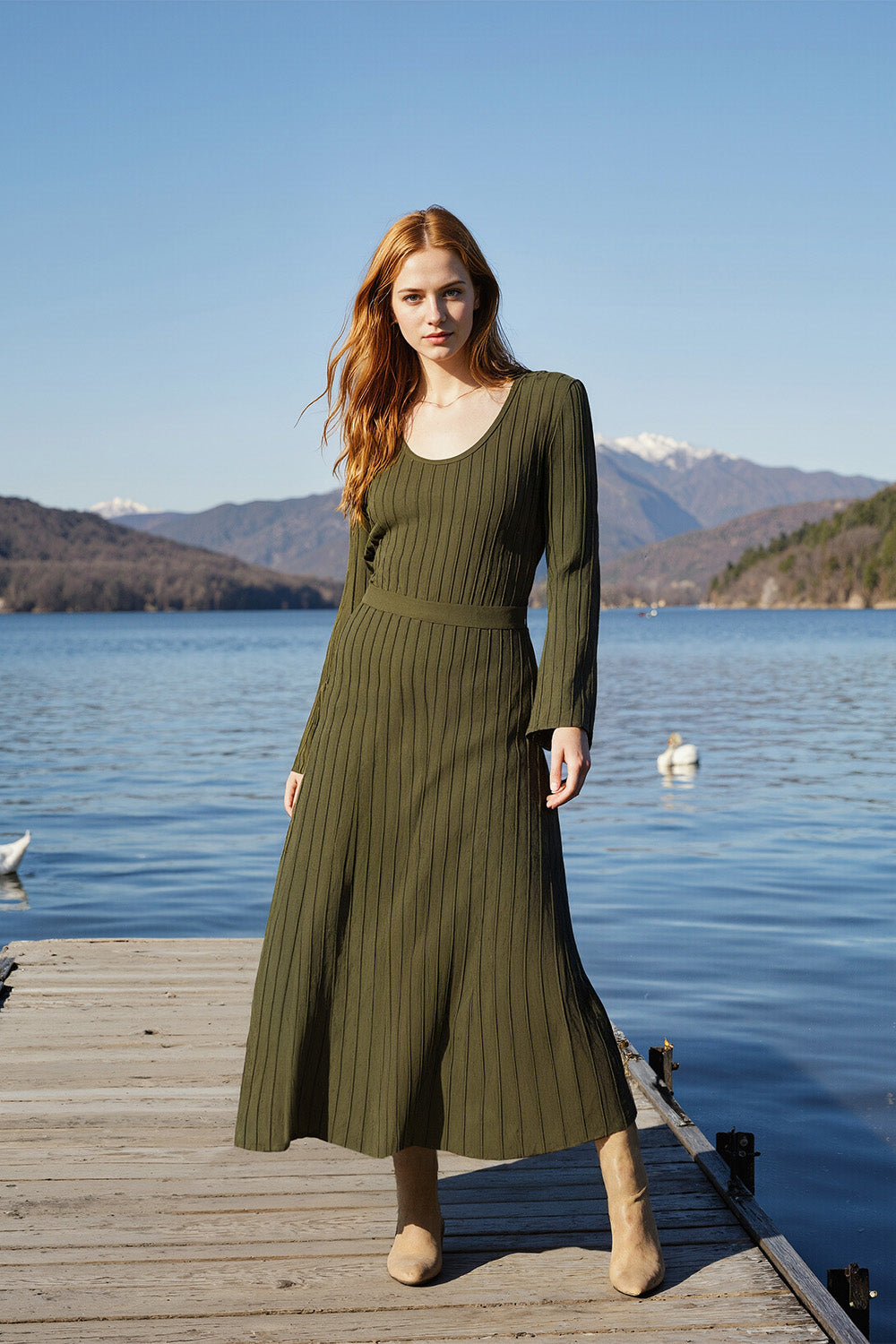 Waisted Knitted Dress in Khaki