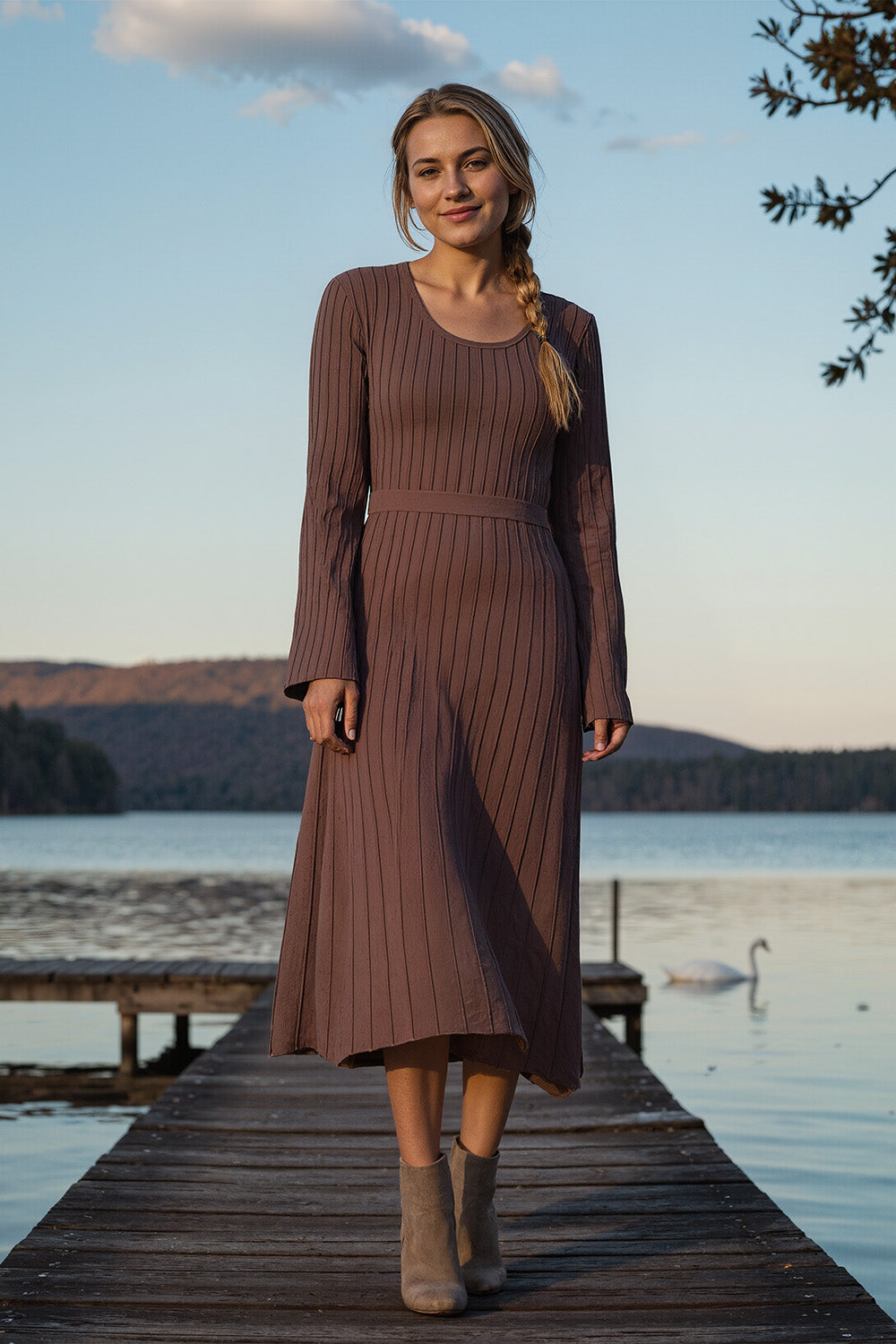 Waisted Knitted Dress in Cacao