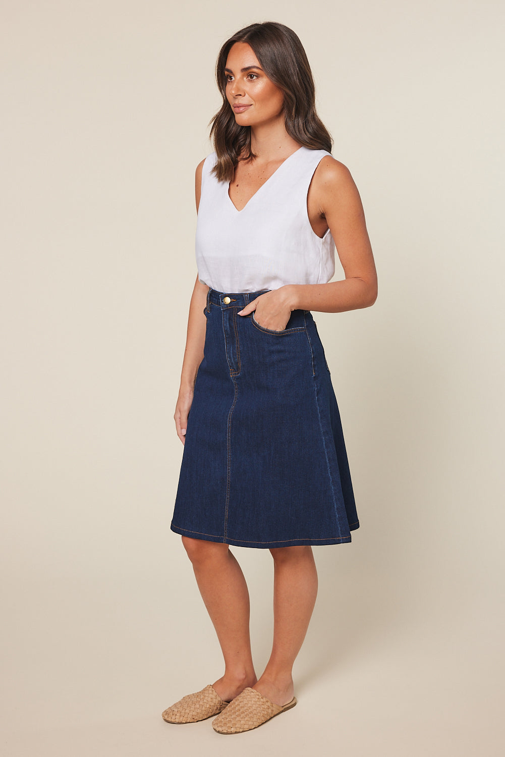 Adrift Denim Short A-Line Skirt in Mid Wash