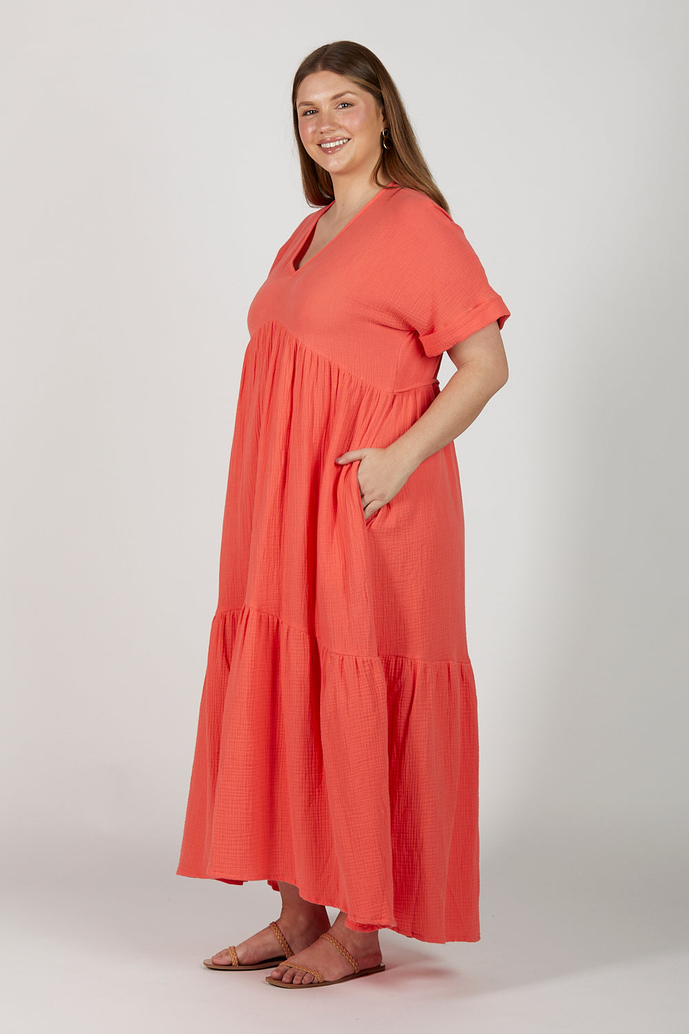 Adriana Crinkle Cotton V-Neck Dress in Candlelight