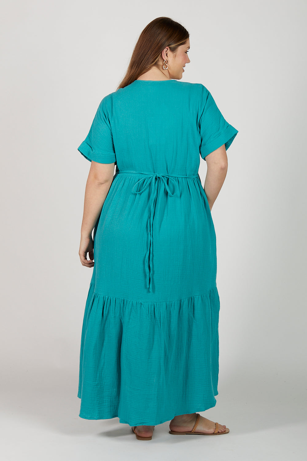 Adriana Crinkle Cotton V-Neck Dress in Peacock Parade